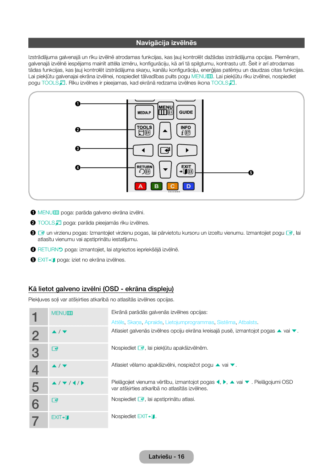 Samsung LT24D390EW/EN, LT27D390EW/EN, LT24D391EW/EN manual Navigācija izvēlnēs, Kā lietot galveno izvēlni OSD ekrāna displeju 