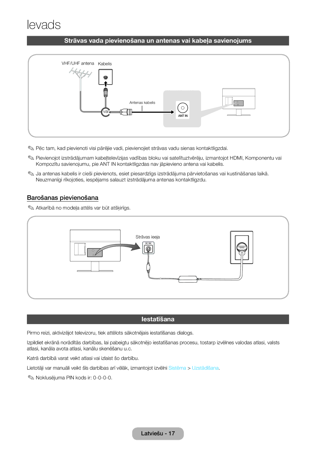 Samsung LT27D590EW/EN Strāvas vada pievienošana un antenas vai kabeļa savienojums, Barošanas pievienošana, Iestatīšana 