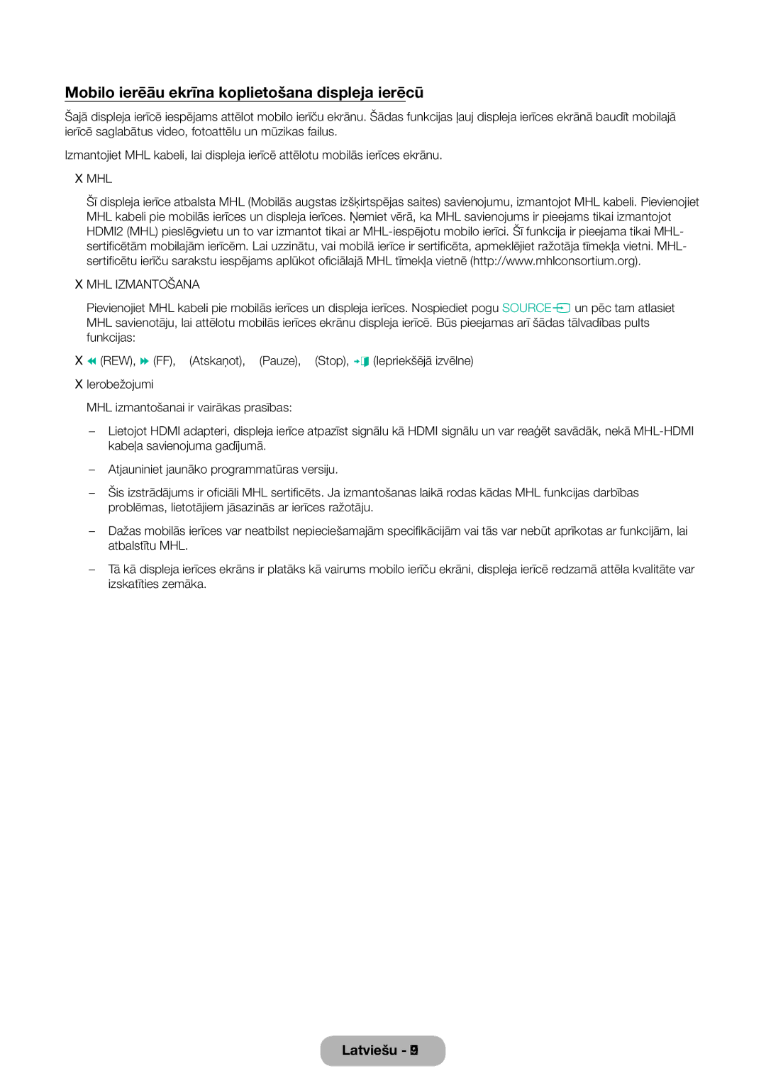 Samsung LT24D391EW/EN, LT27D390EW/EN, LT24D590EW/EN manual Mobilo ierīču ekrāna koplietošana displeja ierīcē, MHL Izmantošana 