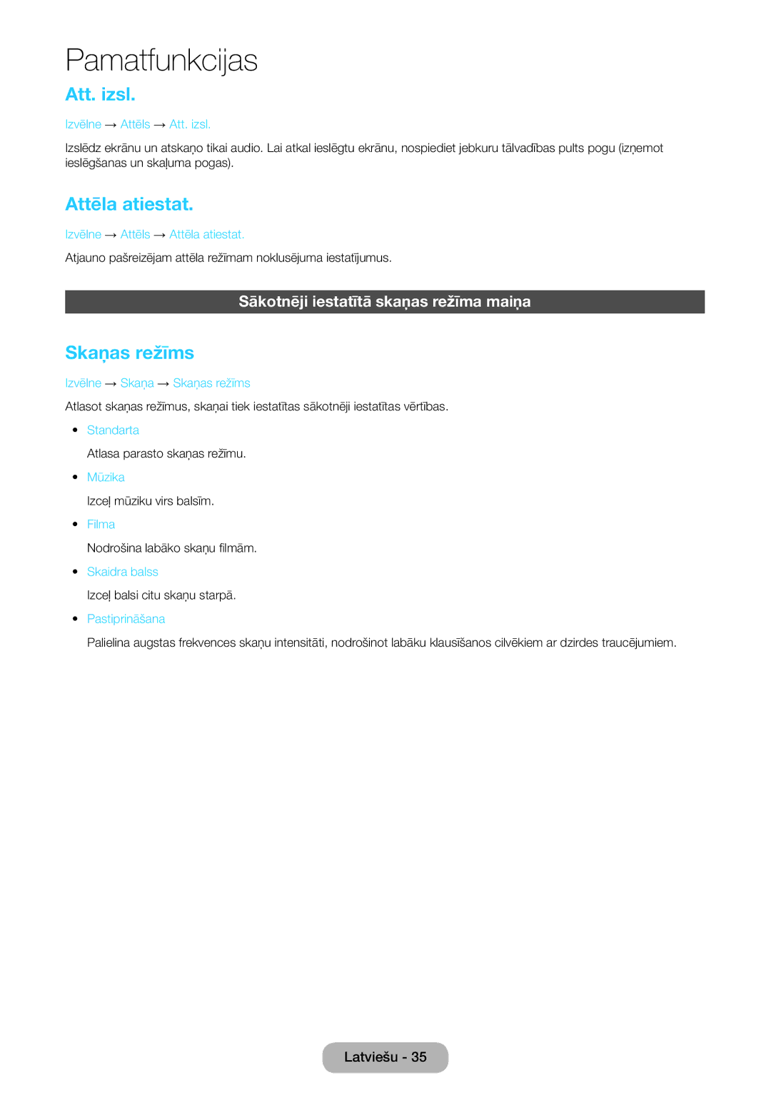 Samsung LT27D590EW/EN, LT27D390EW/EN Att. izsl, Attēla atiestat, Skaņas režīms, Sākotnēji iestatītā skaņas režīma maiņa 