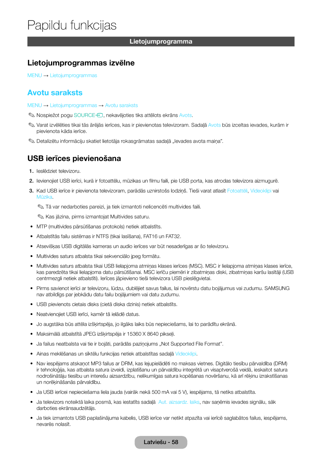 Samsung LT24D390EW/EN, LT27D390EW/EN, LT24D391EW/EN Lietojumprogrammas izvēlne, Avotu saraksts, USB ierīces pievienošana 