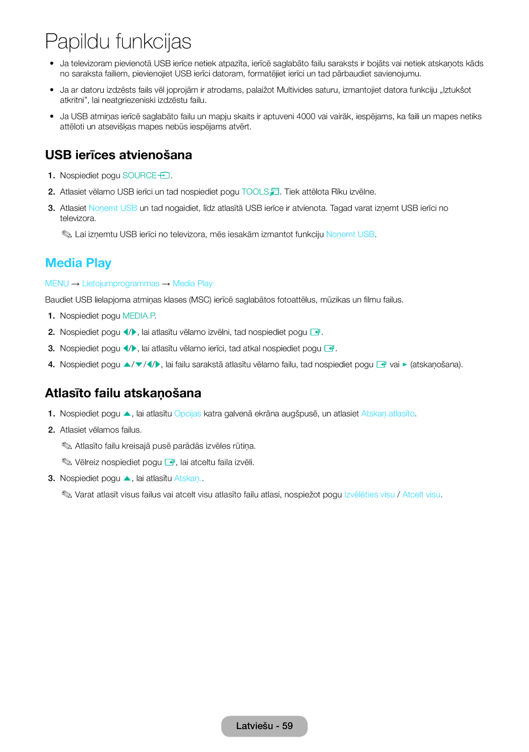 Samsung LT27D590EW/EN, LT27D390EW/EN, LT24D391EW/EN manual USB ierīces atvienošana, Media Play, Atlasīto failu atskaņošana 