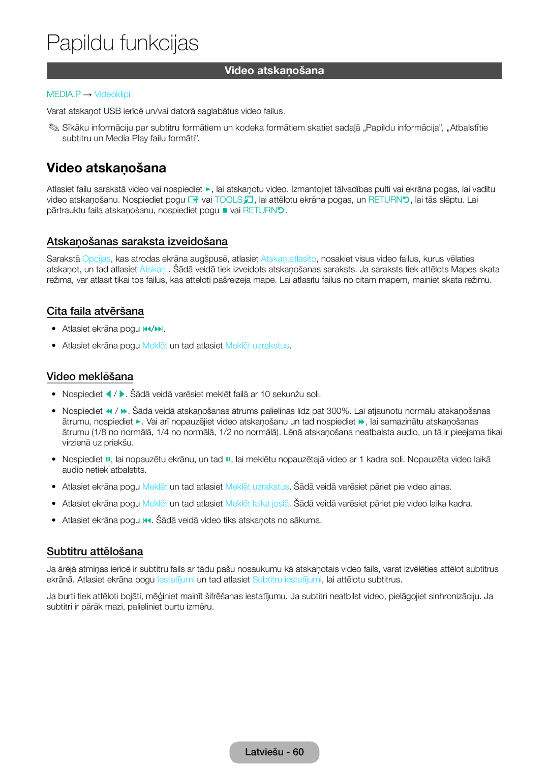Samsung LT27D390EW/EN, LT24D391EW/EN, LT24D590EW/EN, LT22D390EW/EN, LT24D390EW/EN, LT27D590EW/EN manual Video atskaņošana 