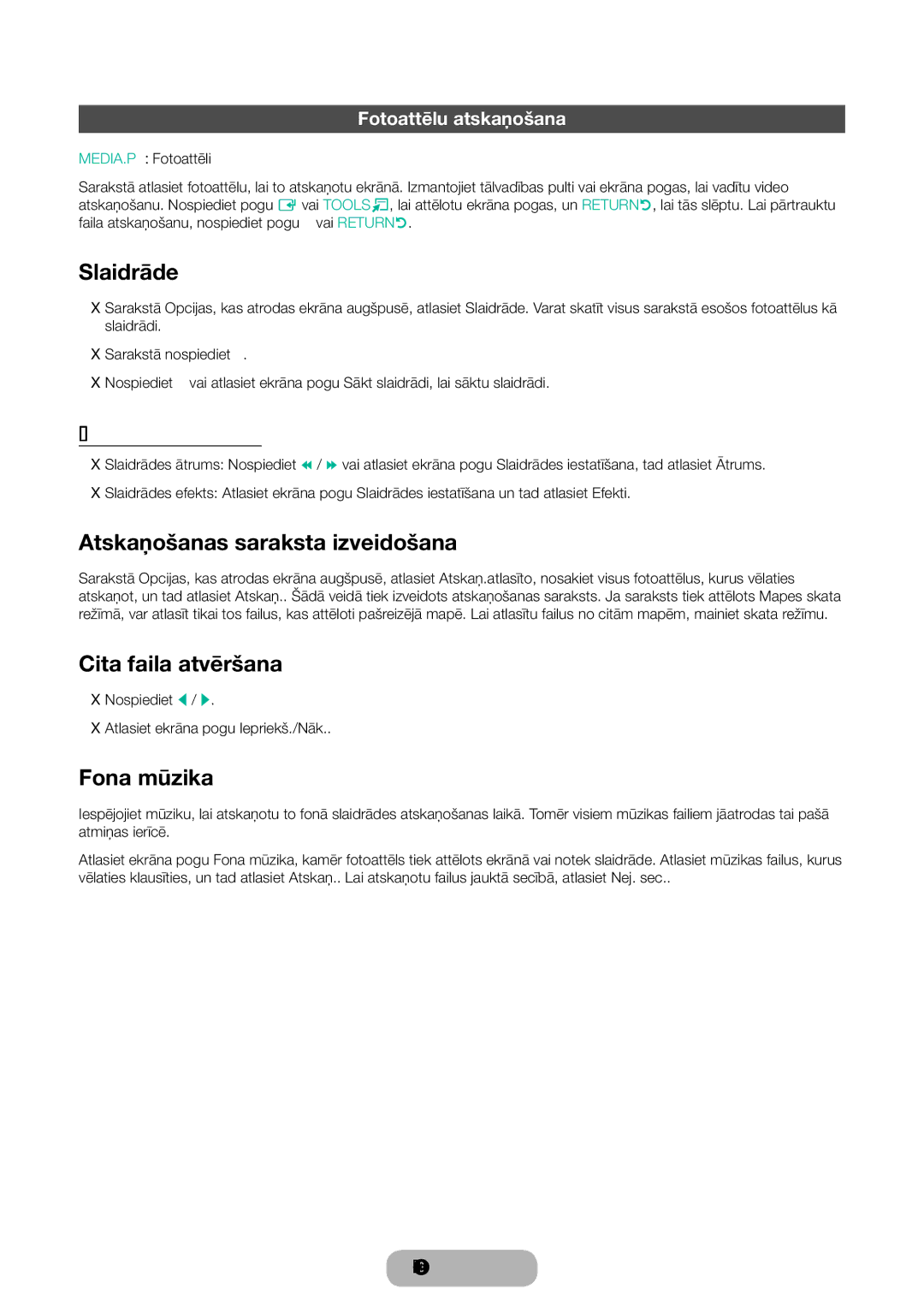 Samsung LT24D590EW/EN, LT27D390EW/EN manual Slaidrāde, Atskaņošanas saraksta izveidošana, Cita faila atvēršana, Fona mūzika 