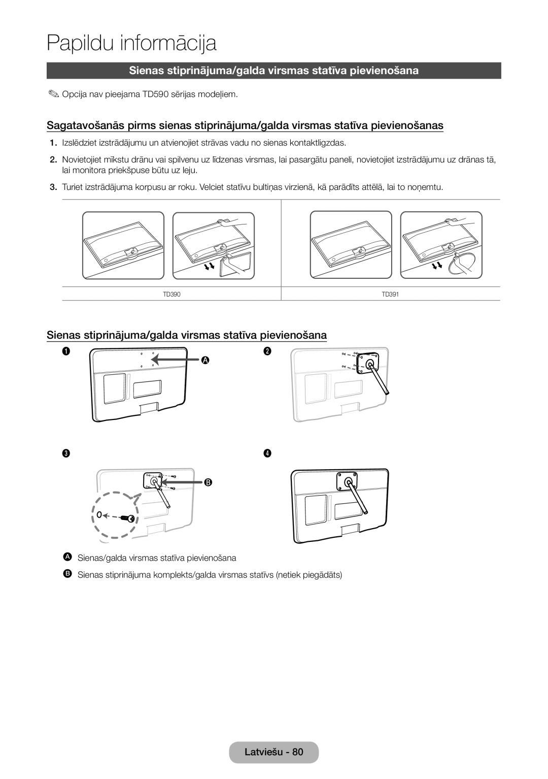 Samsung LT24D590EW/EN Sienas stiprinājuma/galda virsmas statīva pievienošana, Opcija nav pieejama TD590 sērijas modeļiem 