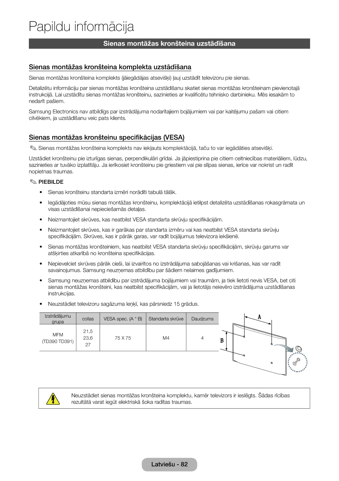 Samsung LT24D390EW/EN manual Sienas montāžas kronšteina uzstādīšana, Sienas montāžas kronšteina komplekta uzstādīšana 