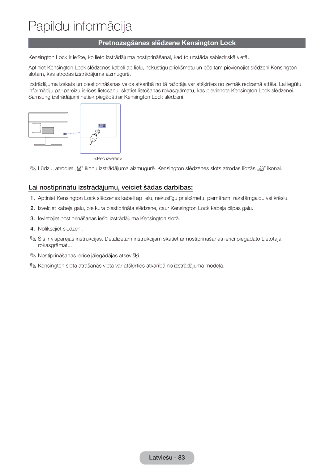 Samsung LT27D590EW/EN manual Pretnozagšanas slēdzene Kensington Lock, Lai nostiprinātu izstrādājumu, veiciet šādas darbības 