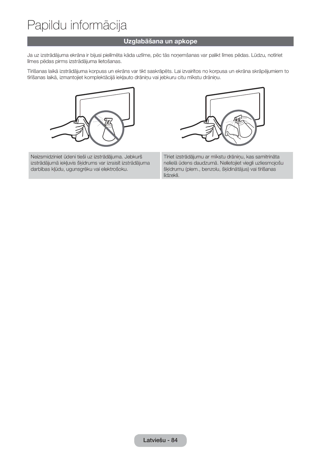 Samsung LT27D390EW/EN, LT24D391EW/EN, LT24D590EW/EN, LT22D390EW/EN, LT24D390EW/EN, LT27D590EW/EN manual Uzglabāšana un apkope 