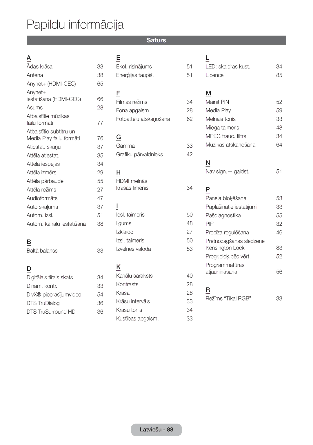 Samsung LT24D390EW/EN, LT27D390EW/EN, LT24D391EW/EN, LT24D590EW/EN, LT22D390EW/EN, LT27D590EW/EN manual Saturs, 76 G, 29 H, 34 P 