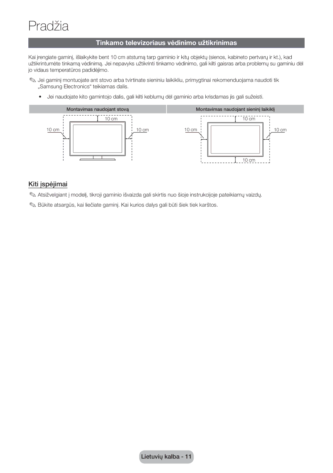 Samsung LT27D590EW/EN, LT27D390EW/EN, LT24D391EW/EN manual Tinkamo televizoriaus vėdinimo užtikrinimas, Kiti įspėjimai 