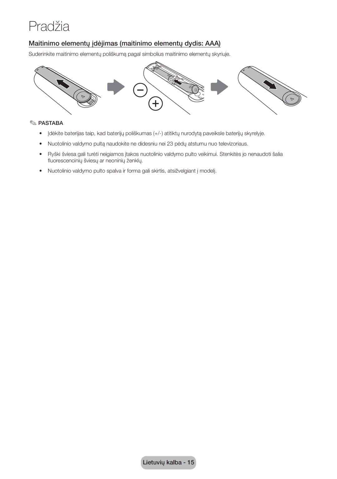 Samsung LT22D390EW/EN, LT27D390EW/EN, LT24D391EW/EN manual Maitinimo elementų įdėjimas maitinimo elementų dydis AAA, Pastaba 