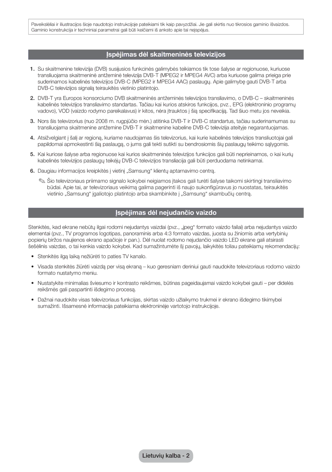 Samsung LT24D590EW/EN, LT27D390EW/EN, LT24D391EW/EN Įspėjimas dėl skaitmeninės televizijos, Įspėjimas dėl nejudančio vaizdo 