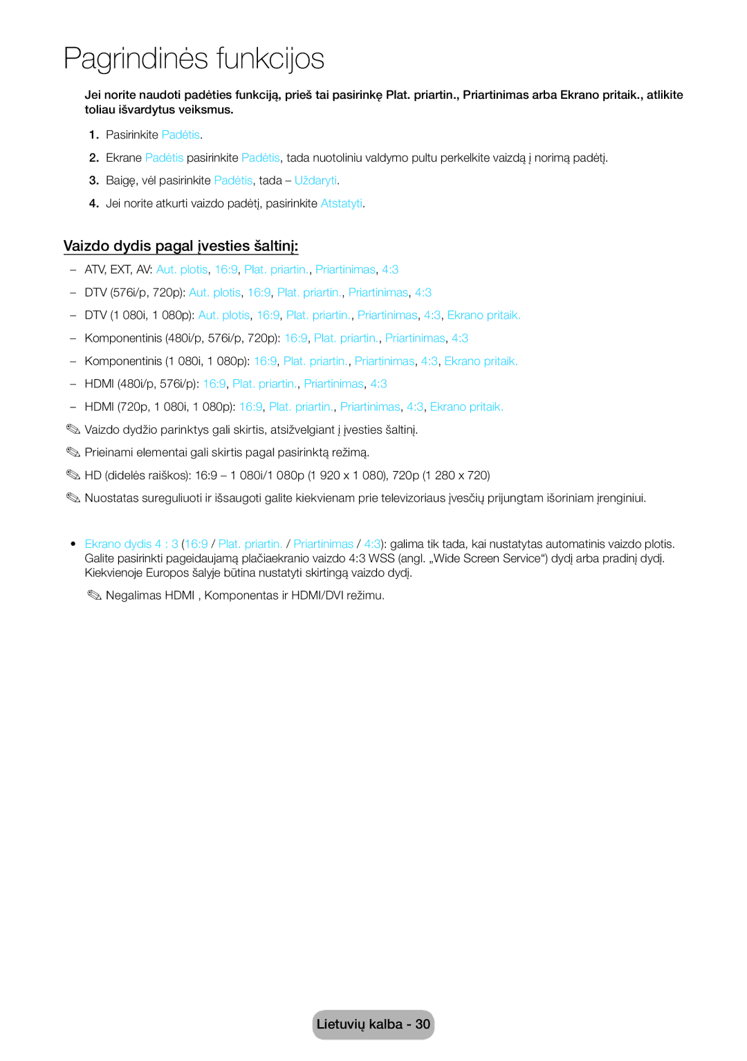 Samsung LT27D390EW/EN, LT24D391EW/EN, LT24D590EW/EN, LT22D390EW/EN, LT24D390EW/EN manual Vaizdo dydis pagal įvesties šaltinį 