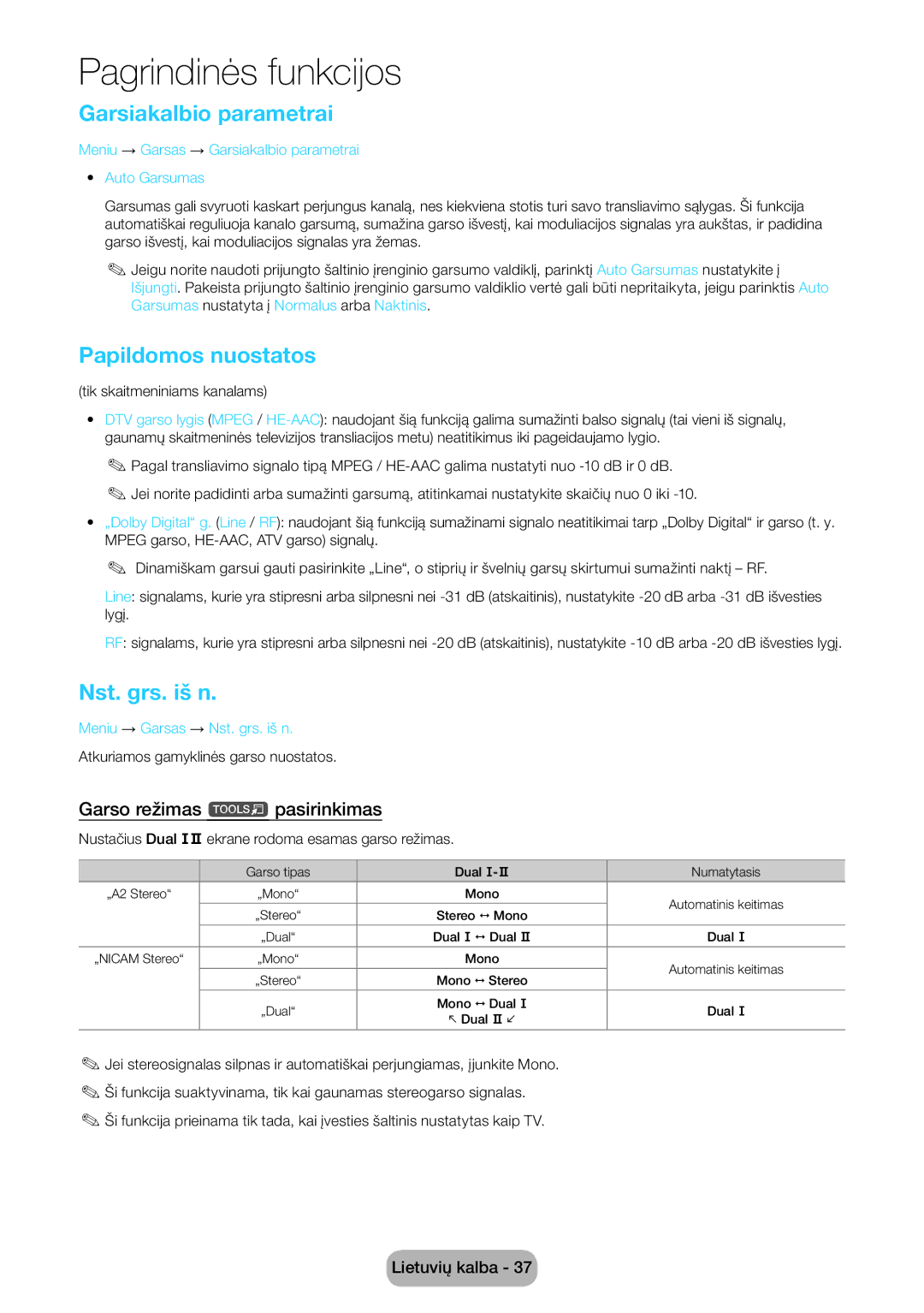 Samsung LT24D391EW/EN manual Garsiakalbio parametrai, Papildomos nuostatos, Nst. grs. iš n, Garso režimas t pasirinkimas 