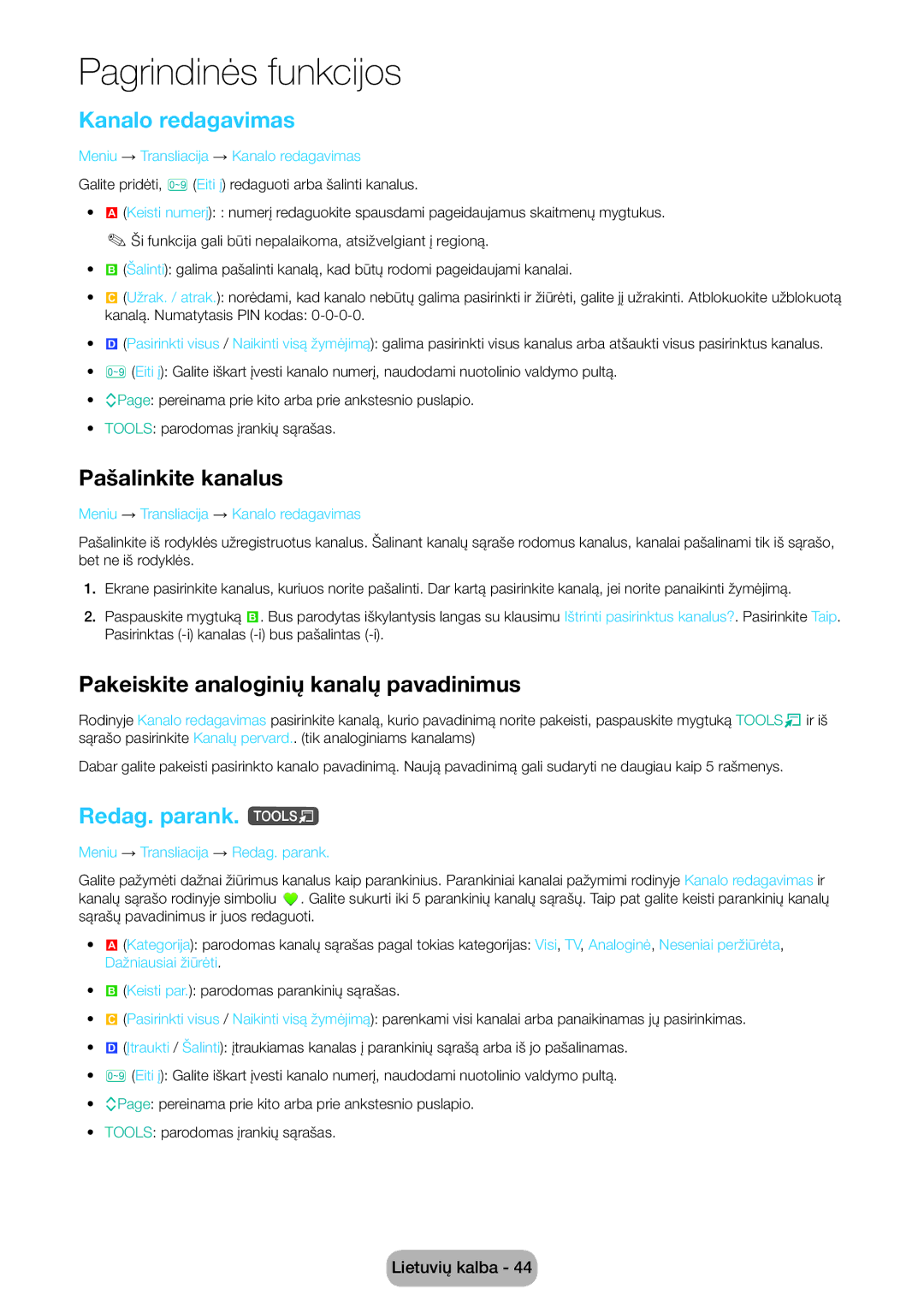 Samsung LT24D590EW/EN Kanalo redagavimas, Pašalinkite kanalus, Pakeiskite analoginių kanalų pavadinimus, Redag. parank. t 