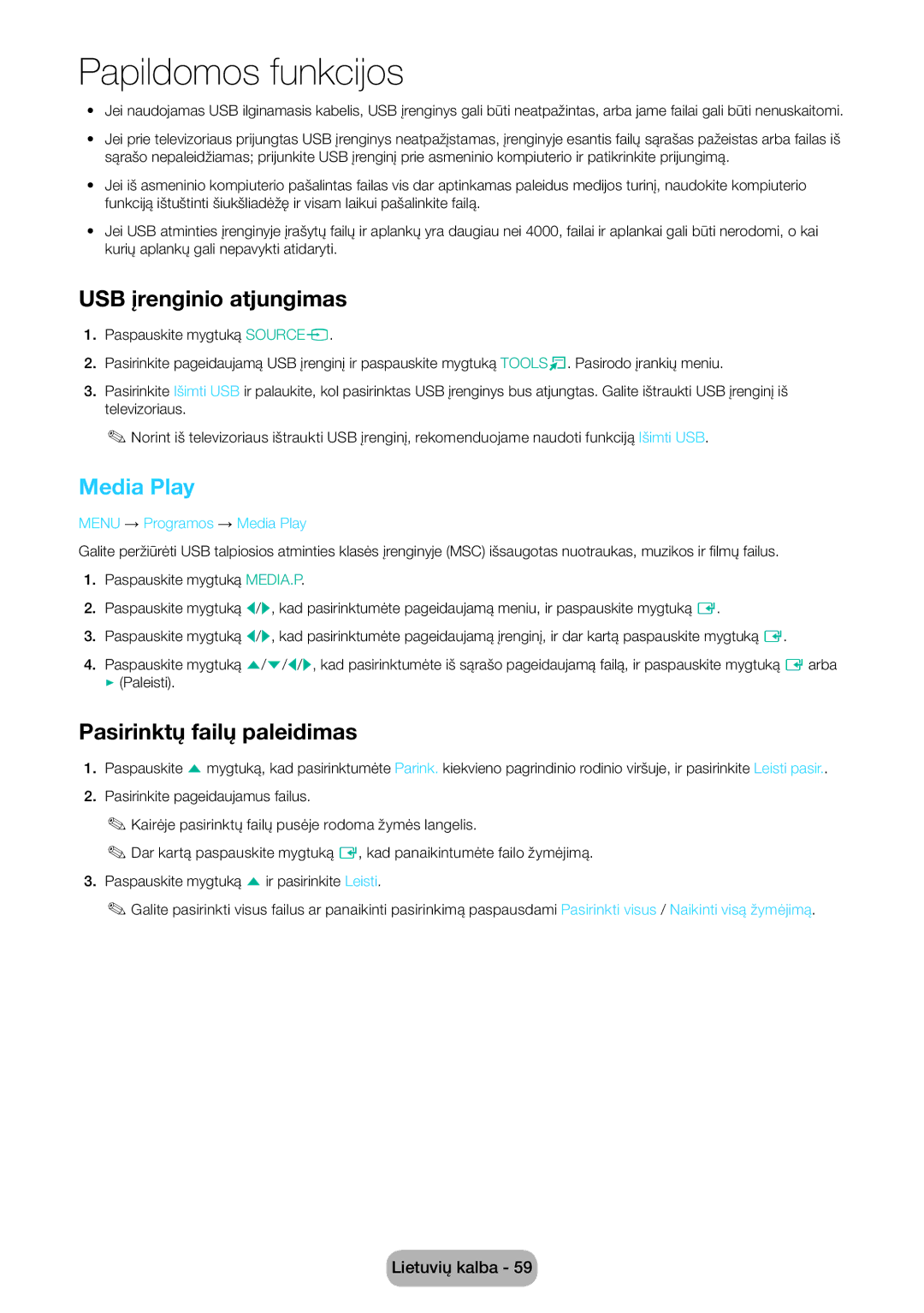 Samsung LT27D590EW/EN manual USB įrenginio atjungimas, Pasirinktų failų paleidimas, Menu → Programos → Media Play 