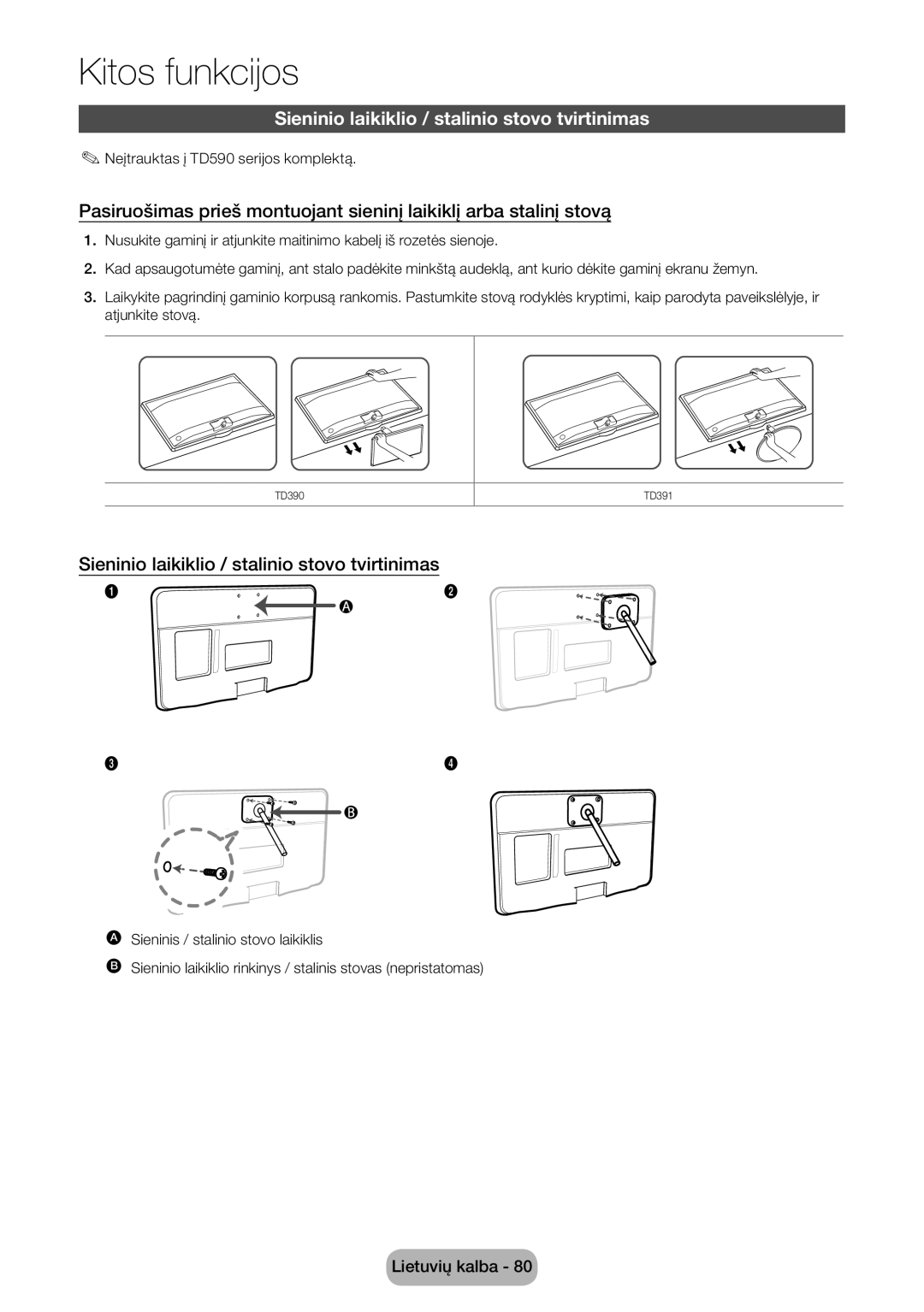 Samsung LT24D590EW/EN, LT27D390EW/EN, LT24D391EW/EN, LT22D390EW/EN manual Sieninio laikiklio / stalinio stovo tvirtinimas 