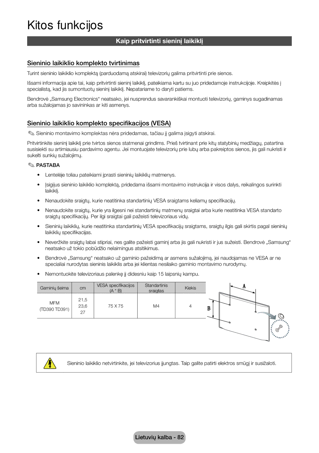 Samsung LT24D390EW/EN, LT27D390EW/EN manual Kaip pritvirtinti sieninį laikiklį, Sieninio laikiklio komplekto tvirtinimas 