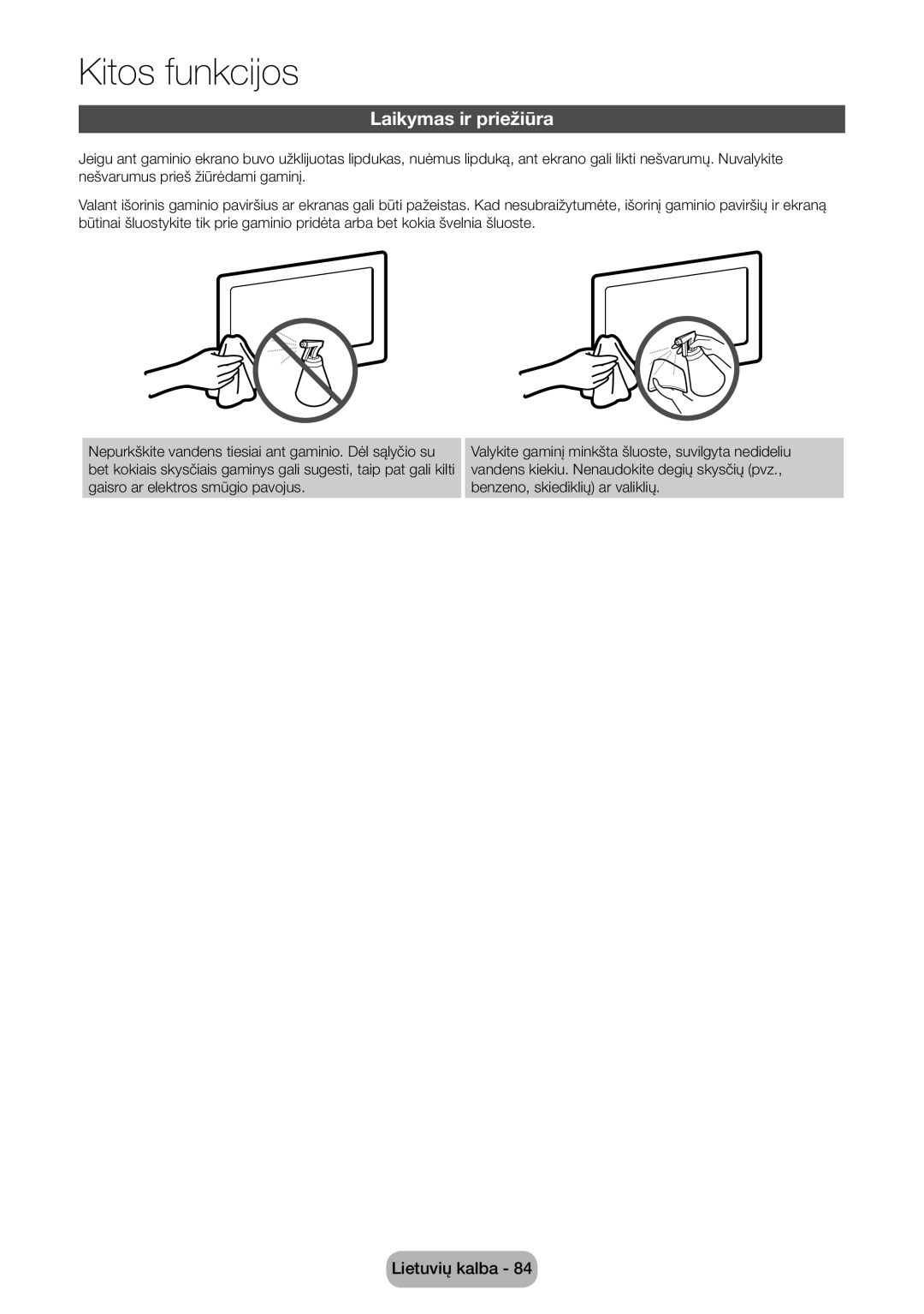 Samsung LT27D390EW/EN, LT24D391EW/EN, LT24D590EW/EN, LT22D390EW/EN, LT24D390EW/EN, LT27D590EW/EN manual Laikymas ir priežiūra 