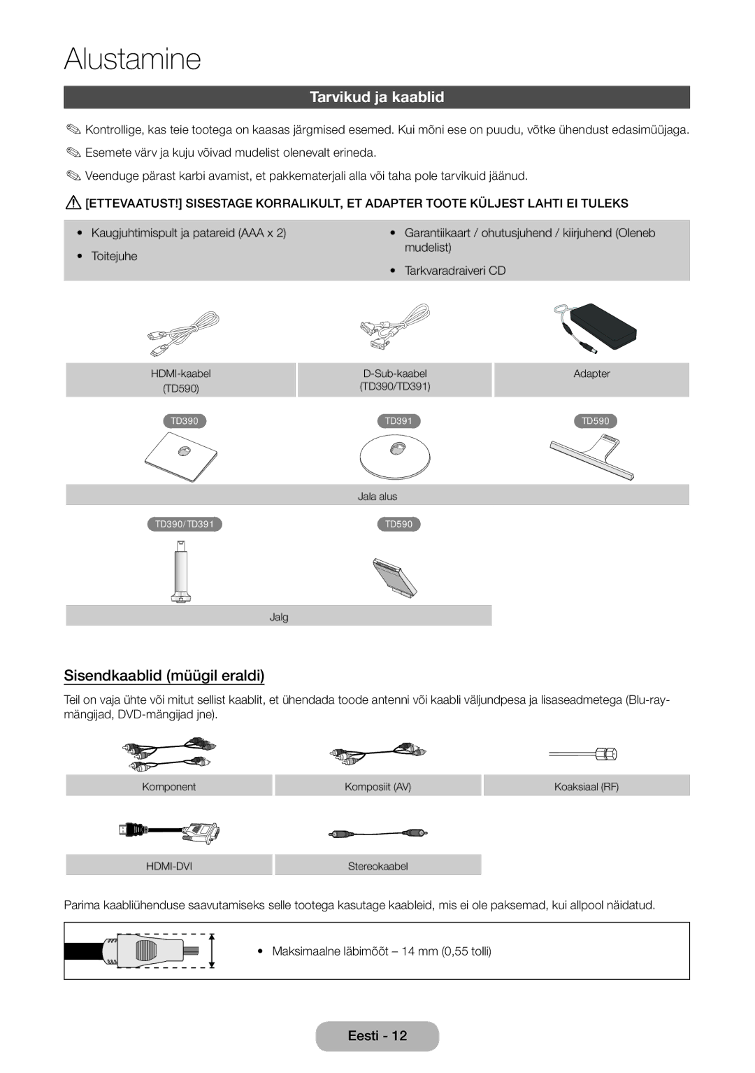 Samsung LT27D390EW/EN, LT24D391EW/EN, LT24D590EW/EN, LT22D390EW/EN manual Tarvikud ja kaablid, Sisendkaablid müügil eraldi 