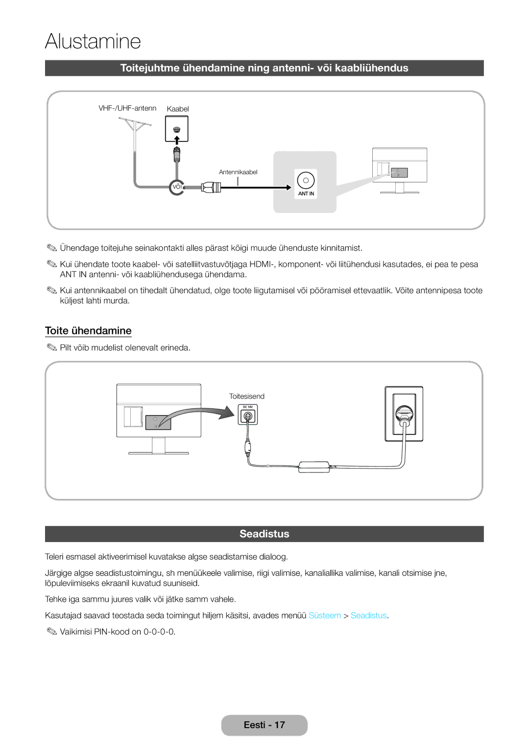 Samsung LT27D590EW/EN, LT27D390EW/EN Toitejuhtme ühendamine ning antenni- või kaabliühendus, Toite ühendamine, Seadistus 