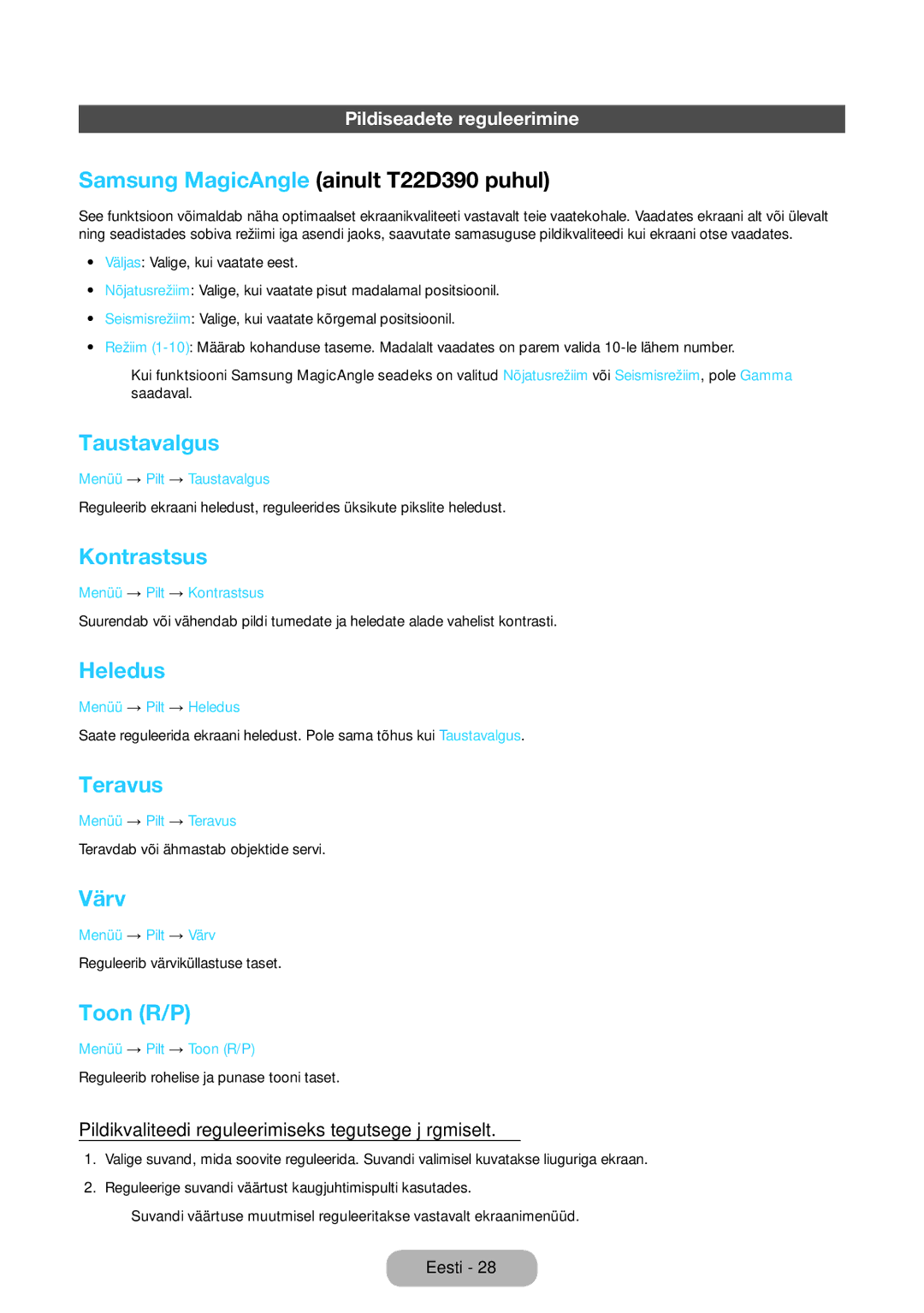 Samsung LT24D390EW/EN, LT27D390EW/EN, LT24D391EW/EN manual Taustavalgus, Kontrastsus, Heledus, Teravus, Värv, Toon R/P 