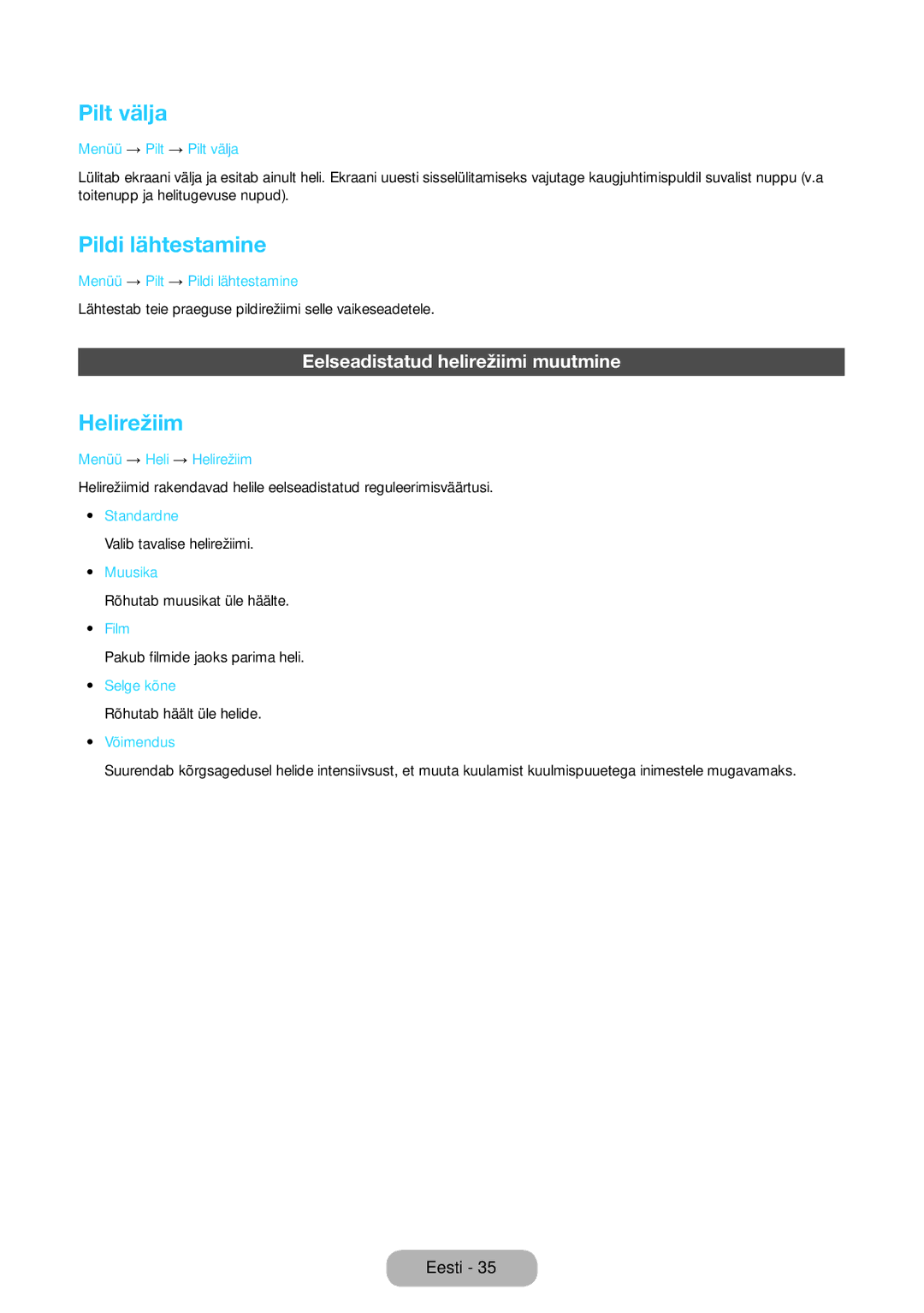 Samsung LT27D590EW/EN, LT27D390EW/EN manual Pilt välja, Pildi lähtestamine, Helirežiim, Eelseadistatud helirežiimi muutmine 