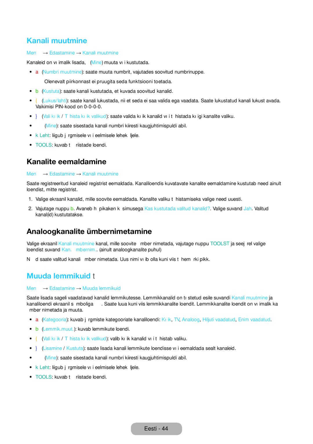 Samsung LT24D590EW/EN manual Kanali muutmine, Kanalite eemaldamine, Analoogkanalite ümbernimetamine, Muuda lemmikuid t 