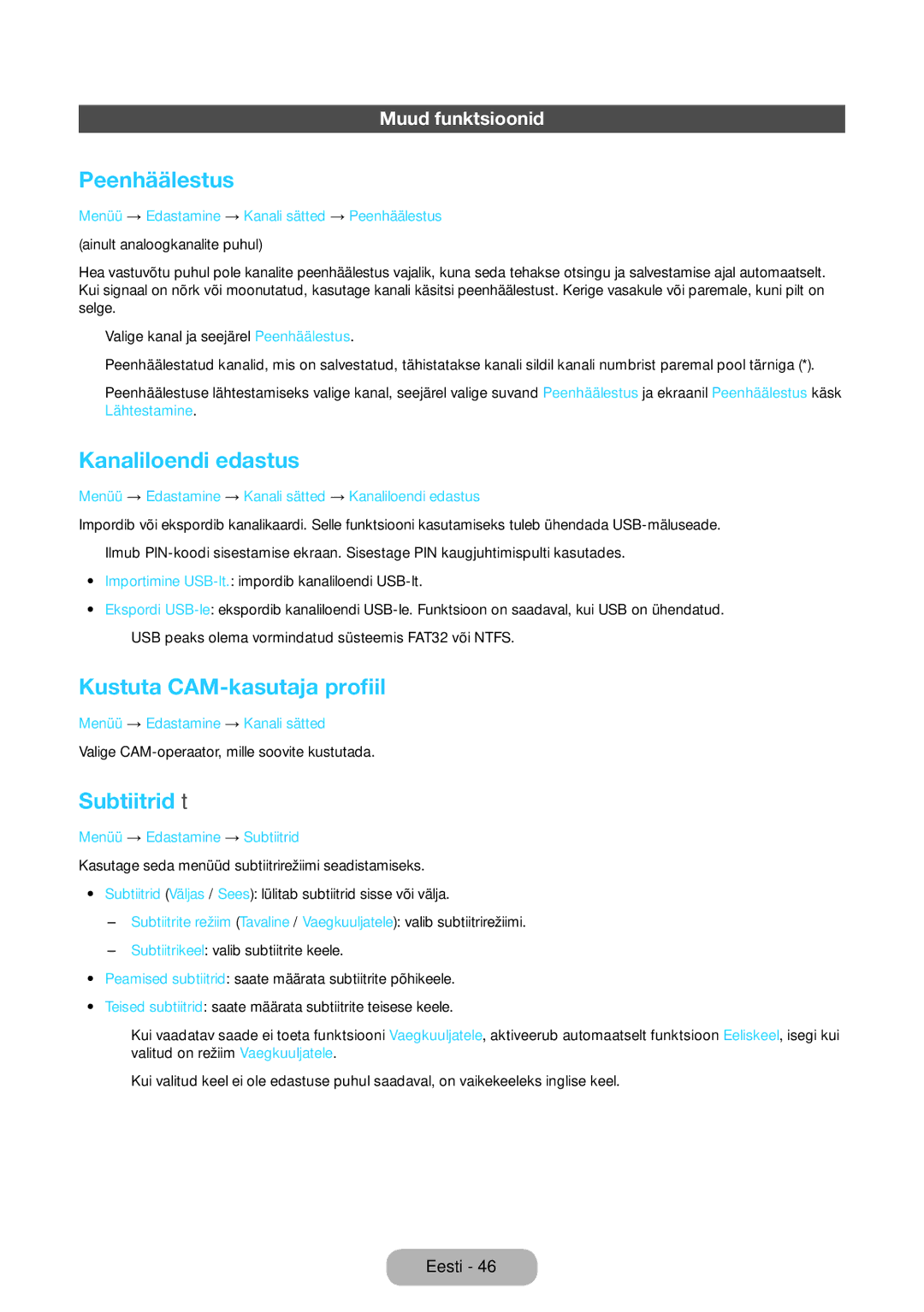 Samsung LT24D390EW/EN Peenhäälestus, Kanaliloendi edastus, Kustuta CAM-kasutaja profiil, Subtiitrid t, Muud funktsioonid 