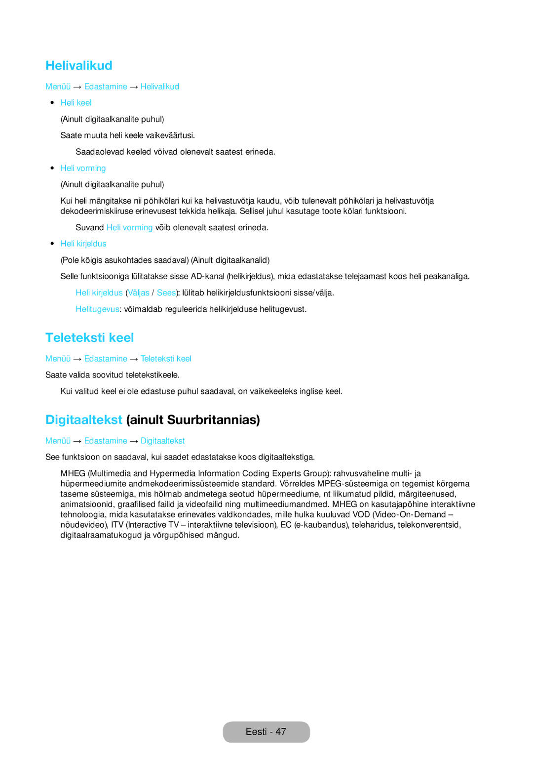 Samsung LT27D590EW/EN, LT27D390EW/EN, LT24D391EW/EN manual Helivalikud, Teleteksti keel, Digitaaltekst ainult Suurbritannias 