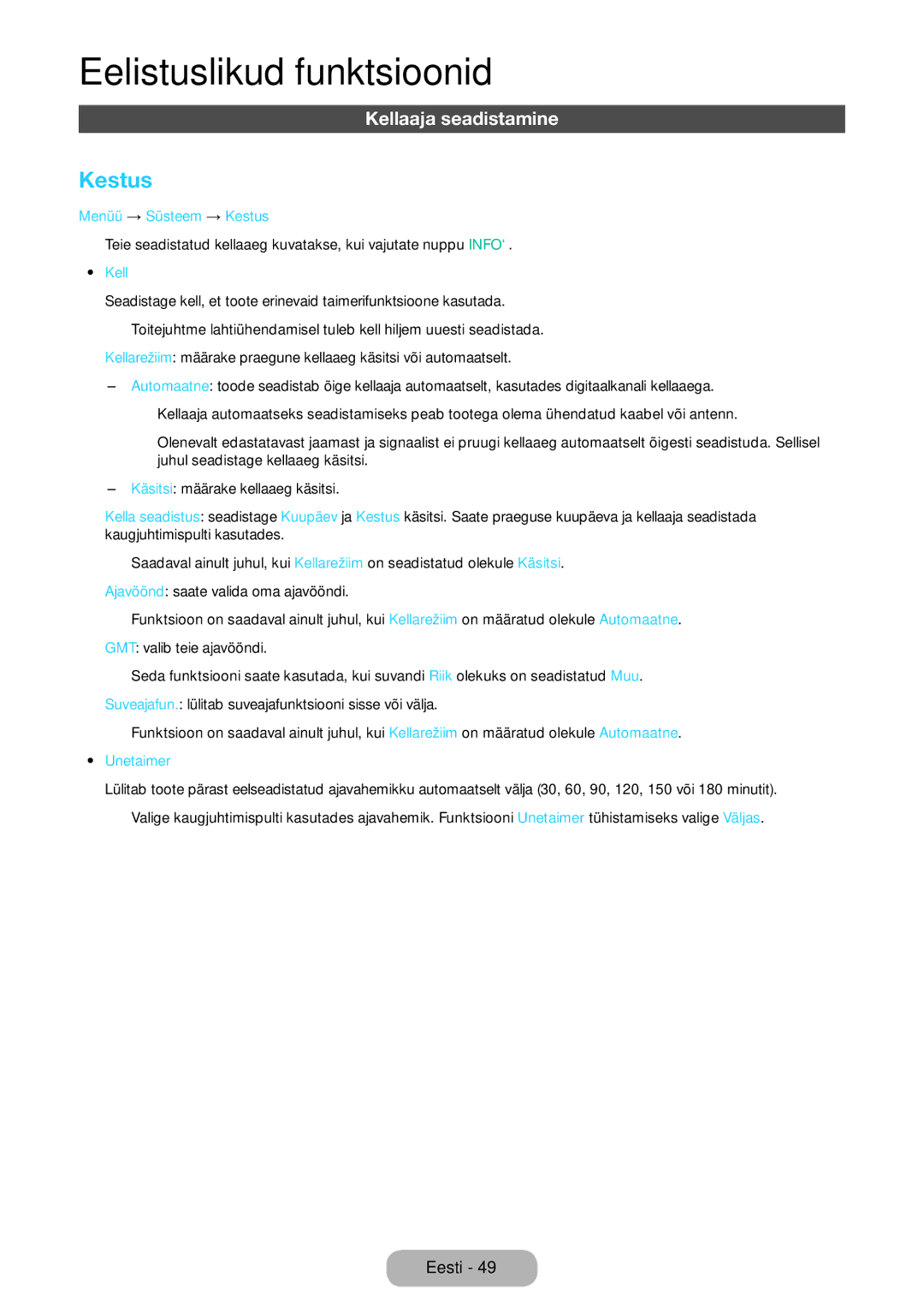 Samsung LT24D391EW/EN, LT27D390EW/EN, LT24D590EW/EN manual Kellaaja seadistamine, Menüü → Süsteem → Kestus, Unetaimer 