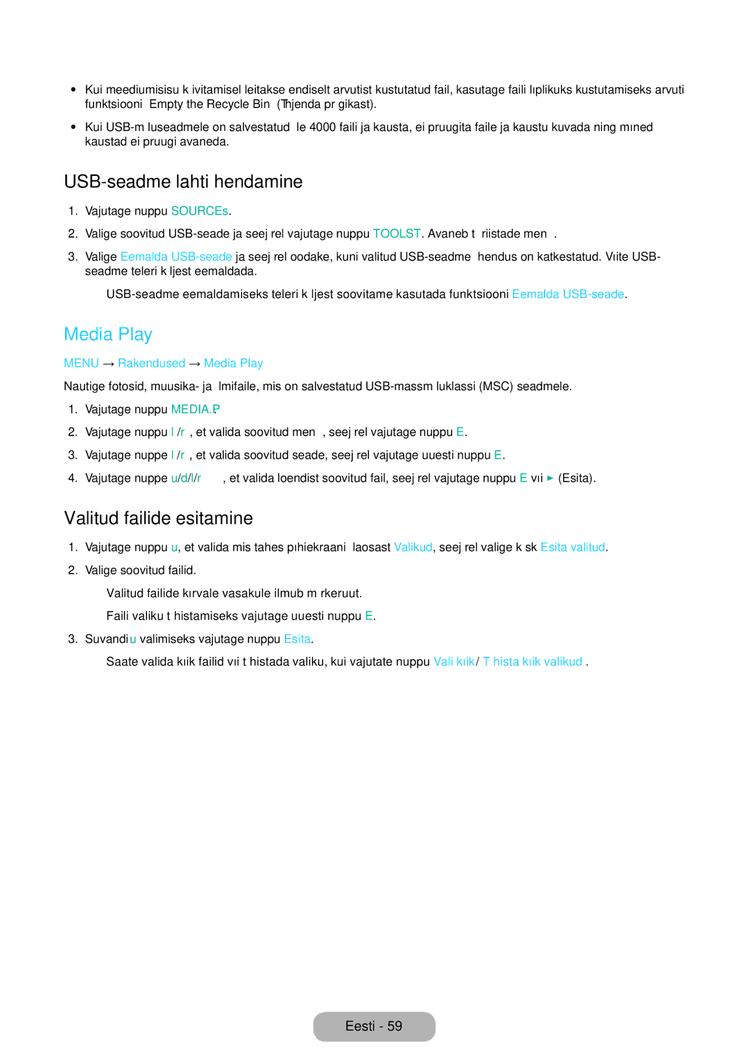 Samsung LT27D590EW/EN manual USB-seadme lahtiühendamine, Valitud failide esitamine, Menu → Rakendused → Media Play 