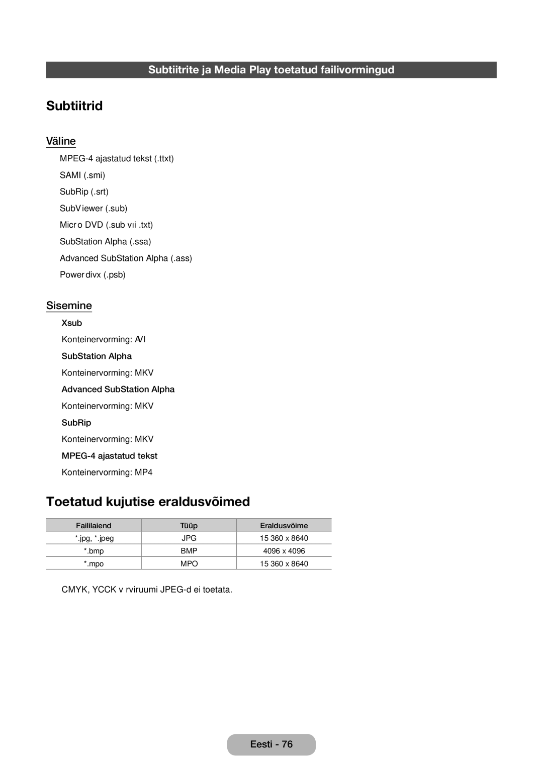 Samsung LT24D390EW/EN manual Subtiitrid, Toetatud kujutise eraldusvõimed, Subtiitrite ja Media Play toetatud failivormingud 