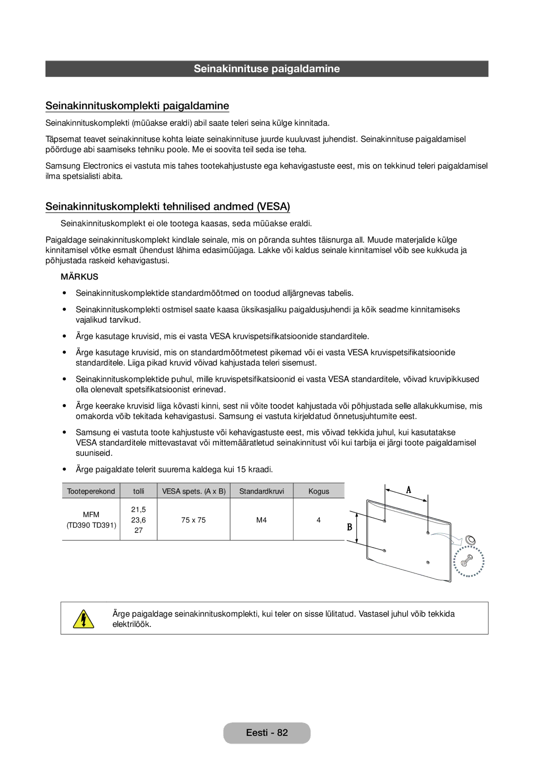 Samsung LT24D390EW/EN, LT27D390EW/EN, LT24D391EW/EN manual Seinakinnituse paigaldamine, Seinakinnituskomplekti paigaldamine 