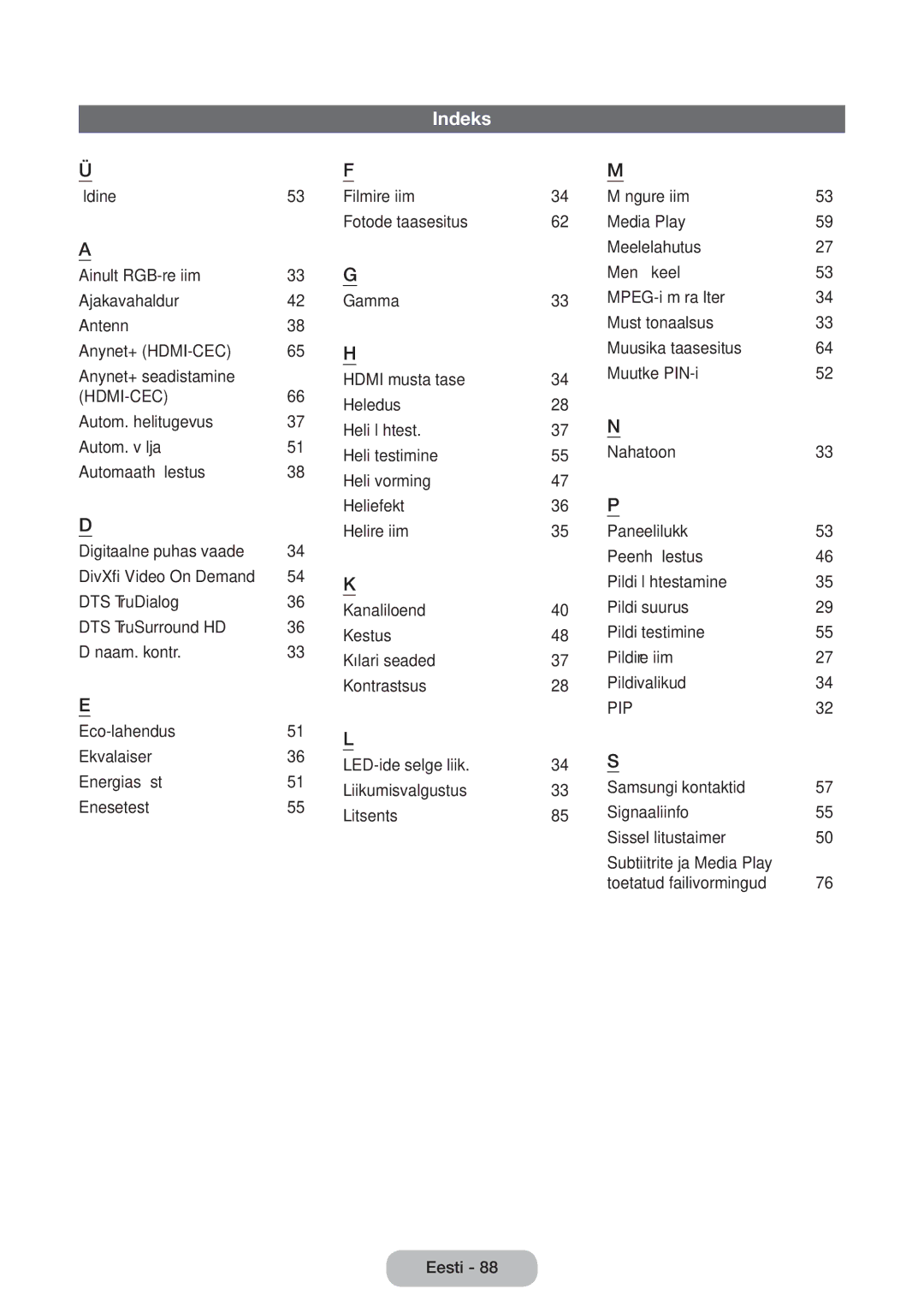 Samsung LT24D390EW/EN, LT27D390EW/EN, LT24D391EW/EN, LT24D590EW/EN, LT22D390EW/EN, LT27D590EW/EN manual Indeks 