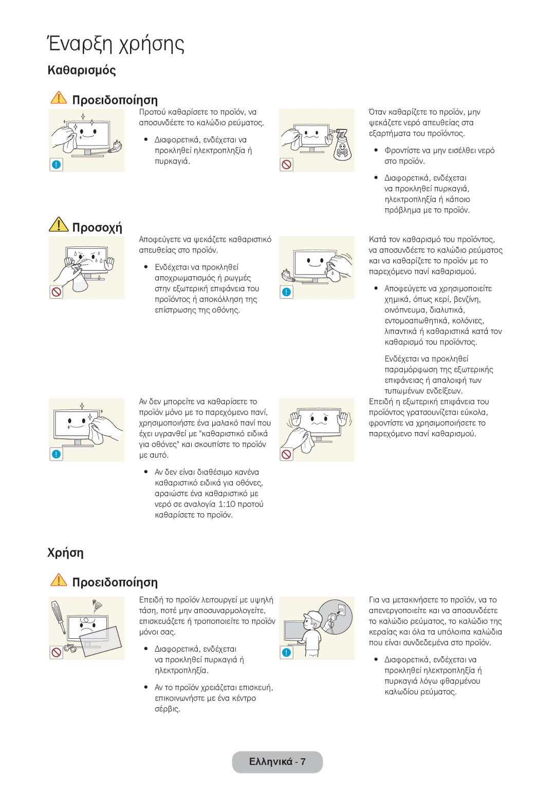 Samsung LT24D391EW/EN Καθαρισμός Προειδοποίηση, Χρήση Προειδοποίηση, Με αυτό, Φροντίστε να μην εισέλθει νερό στο προϊόν 