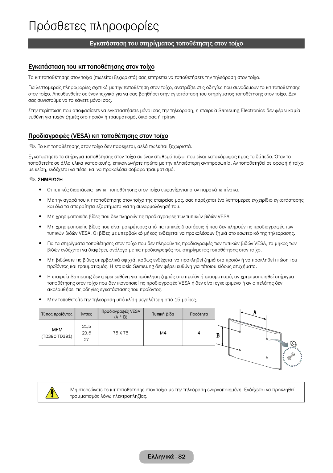 Samsung LT24D390EW/EN manual Εγκατάσταση του στηρίγματος τοποθέτησης στον τοίχο, Εγκατάσταση του κιτ τοποθέτησης στον τοίχο 