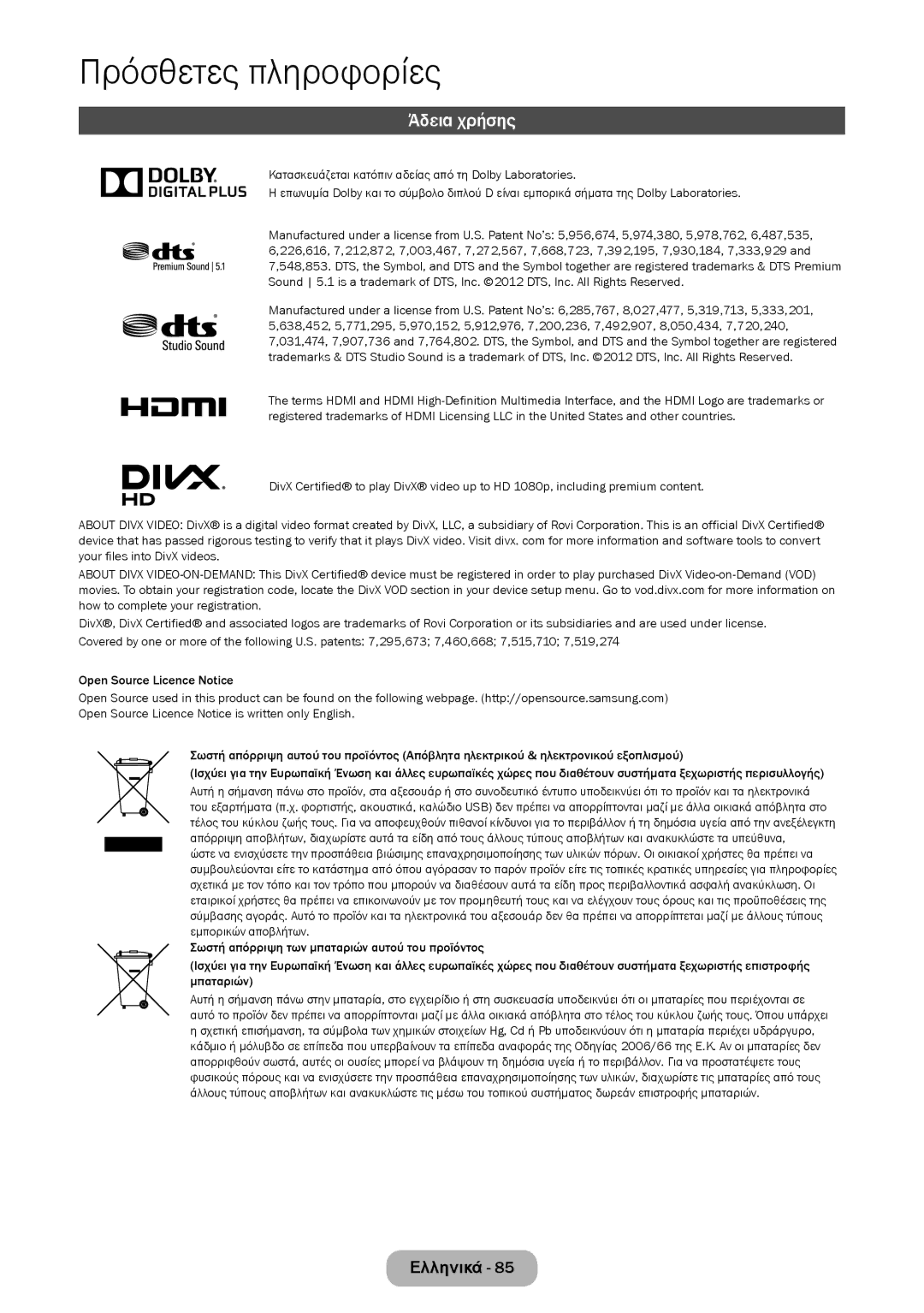 Samsung LT24D391EW/EN, LT27D390EW/EN, LT24D590EW/EN, LT22D390EW/EN, LT24D390EW/EN, LT27D590EW/EN manual Άδεια χρήσης 