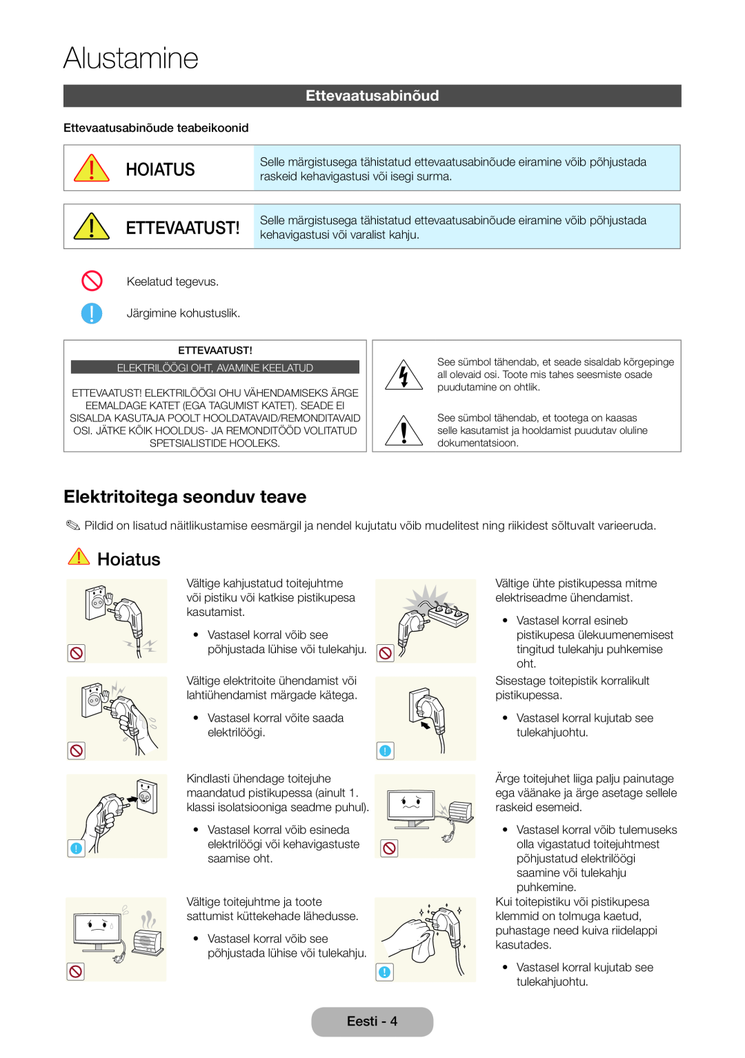 Samsung LT24D390EW/EN manual Alustamine, Hoiatus, Elektritoitega seonduv teave, Ettevaatusabinõud, Ettevaatust, saamise oht 