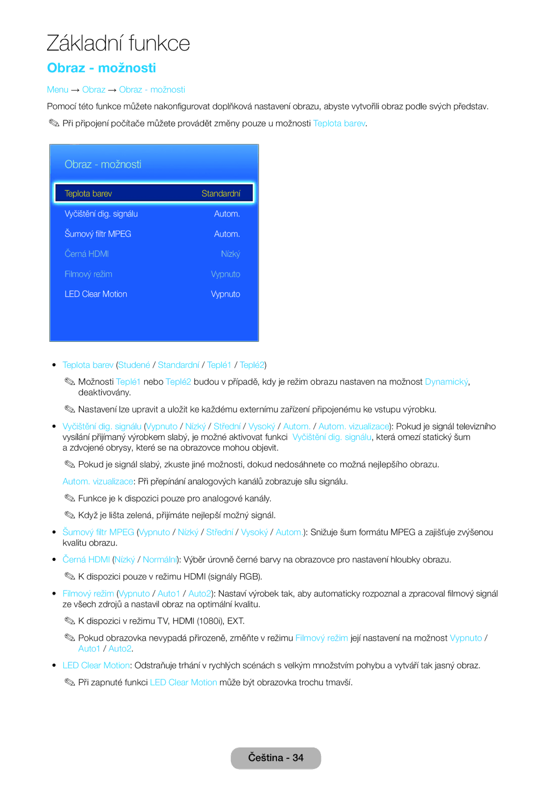 Samsung LT27D590CW/EN manual Menu → Obraz → Obraz možnosti, Teplota barev Studené / Standardní / Teplé1 / Teplé2 