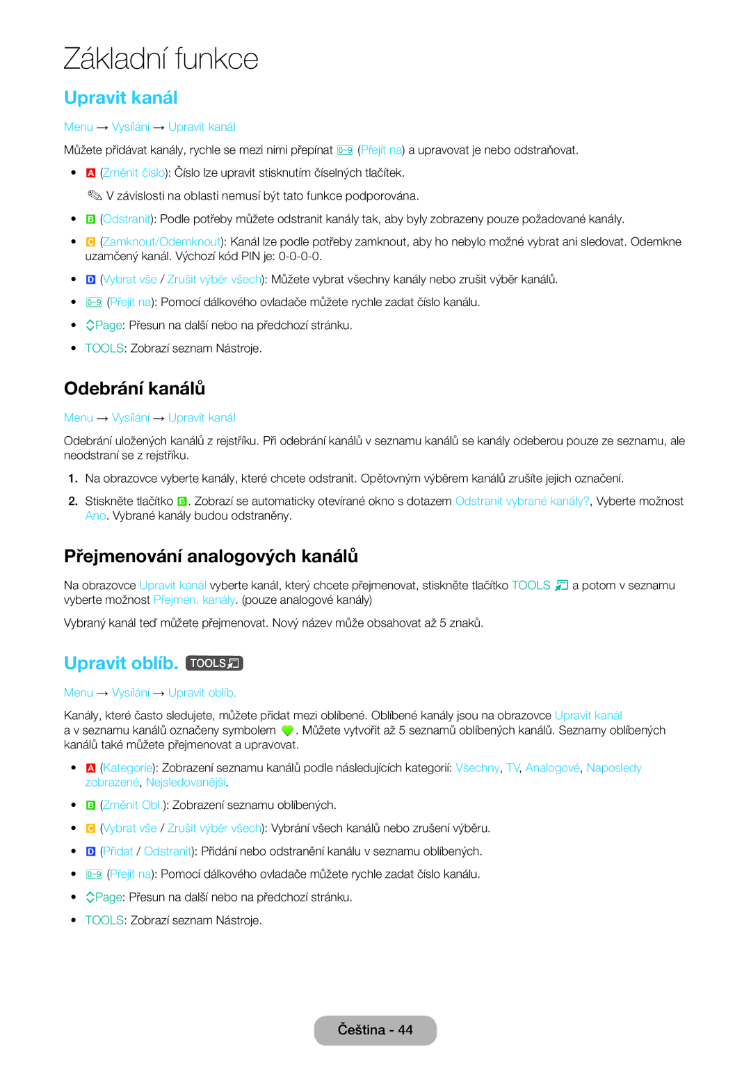 Samsung LT27D590CW/EN, LT27D590CX/EN Upravit kanál, Odebrání kanálů, Přejmenování analogových kanálů, Upravit oblíb. t 