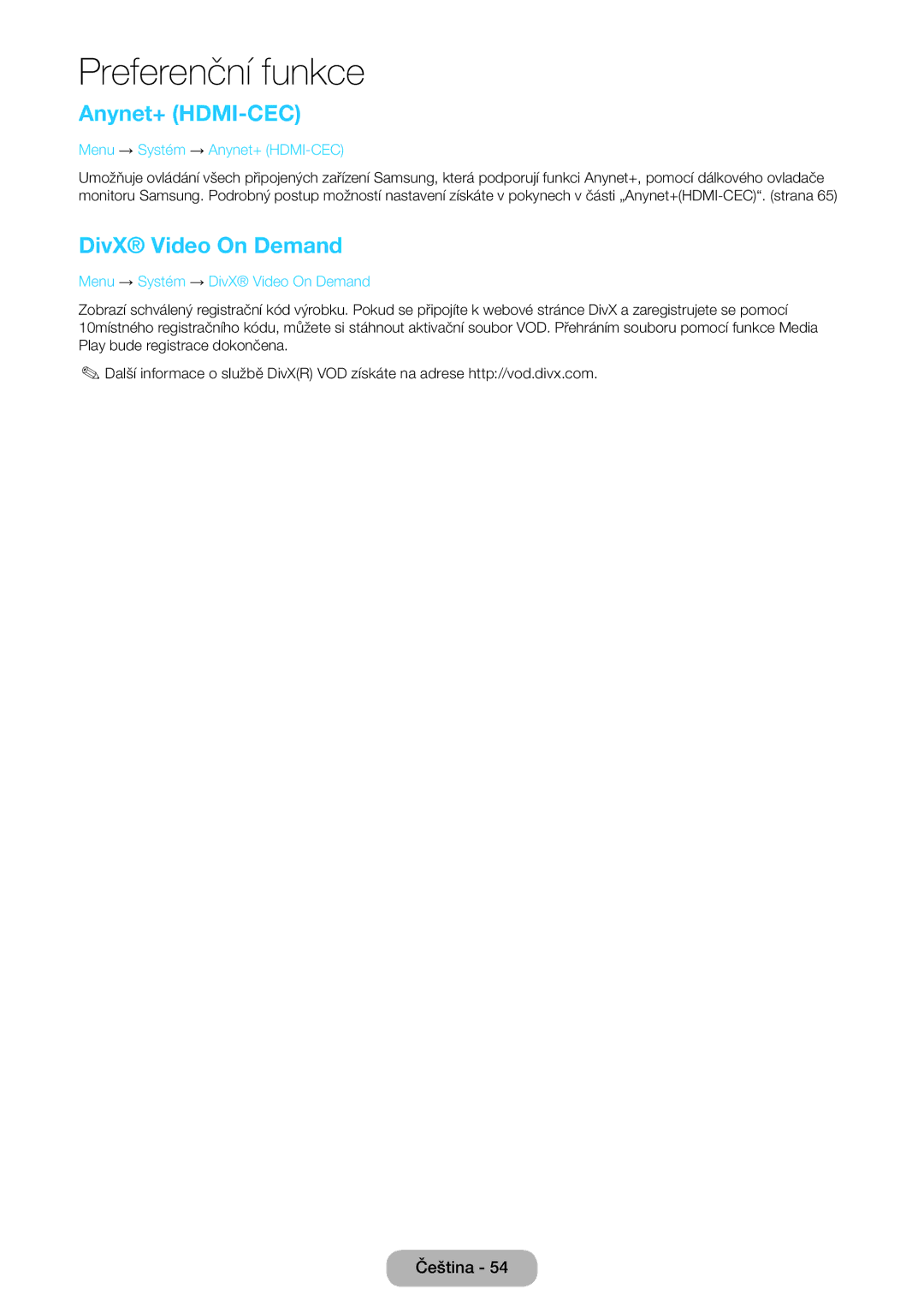 Samsung LT27D590CW/EN, LT27D590CX/EN manual Menu → Systém → Anynet+ HDMI-CEC, Menu → Systém → DivX Video On Demand 