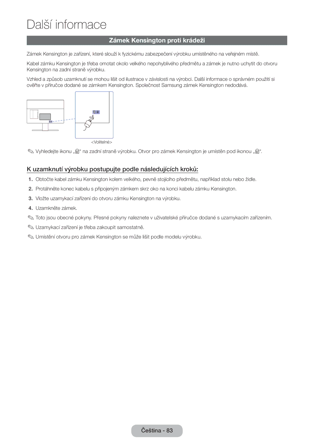 Samsung LT27D590CX/EN manual Zámek Kensington proti krádeži, Uzamknutí výrobku postupujte podle následujících kroků 