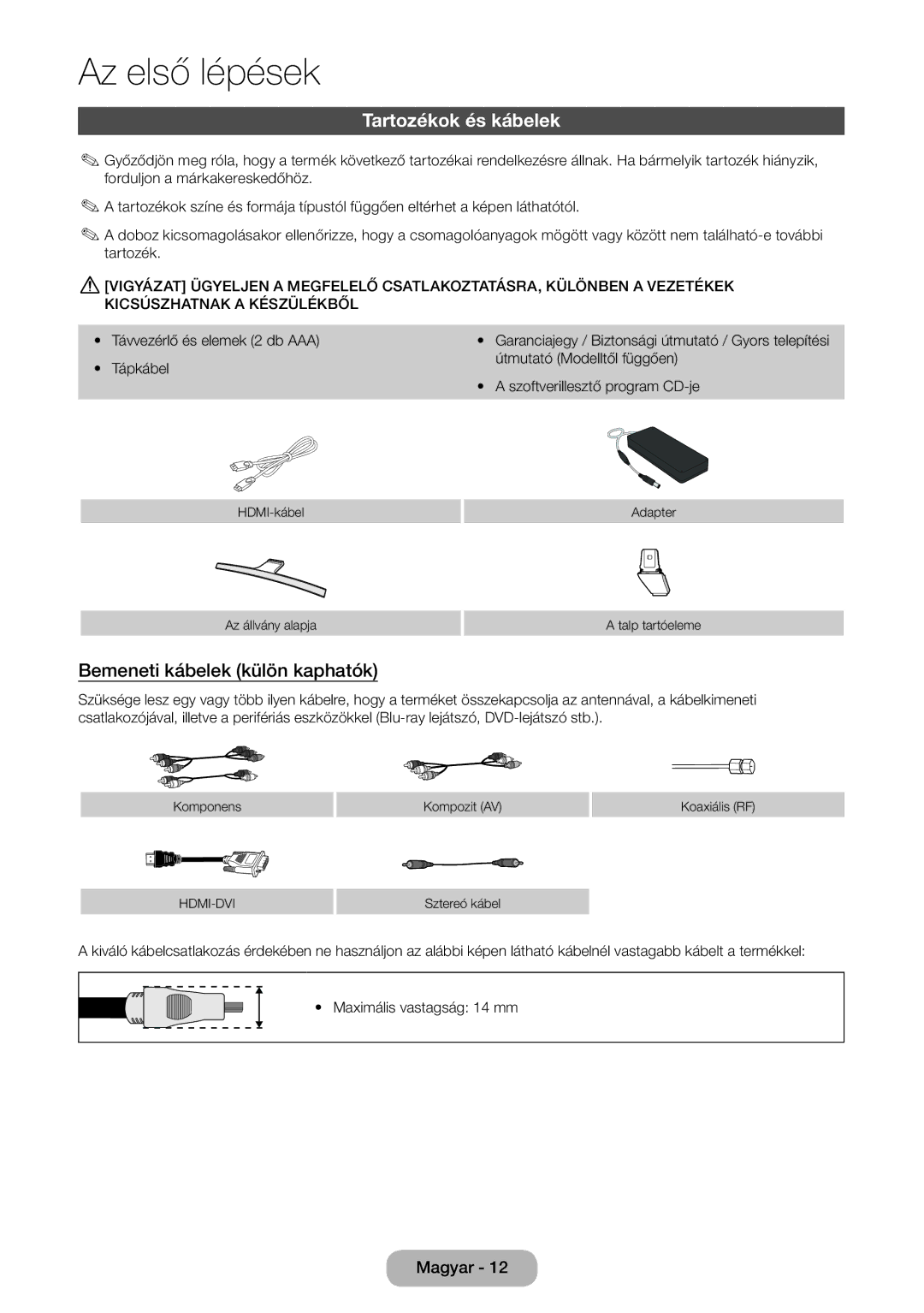 Samsung LT27D590CW/EN, LT27D590CX/EN Tartozékok és kábelek, Bemeneti kábelek külön kaphatók, Távvezérlő és elemek 2 db AAA 