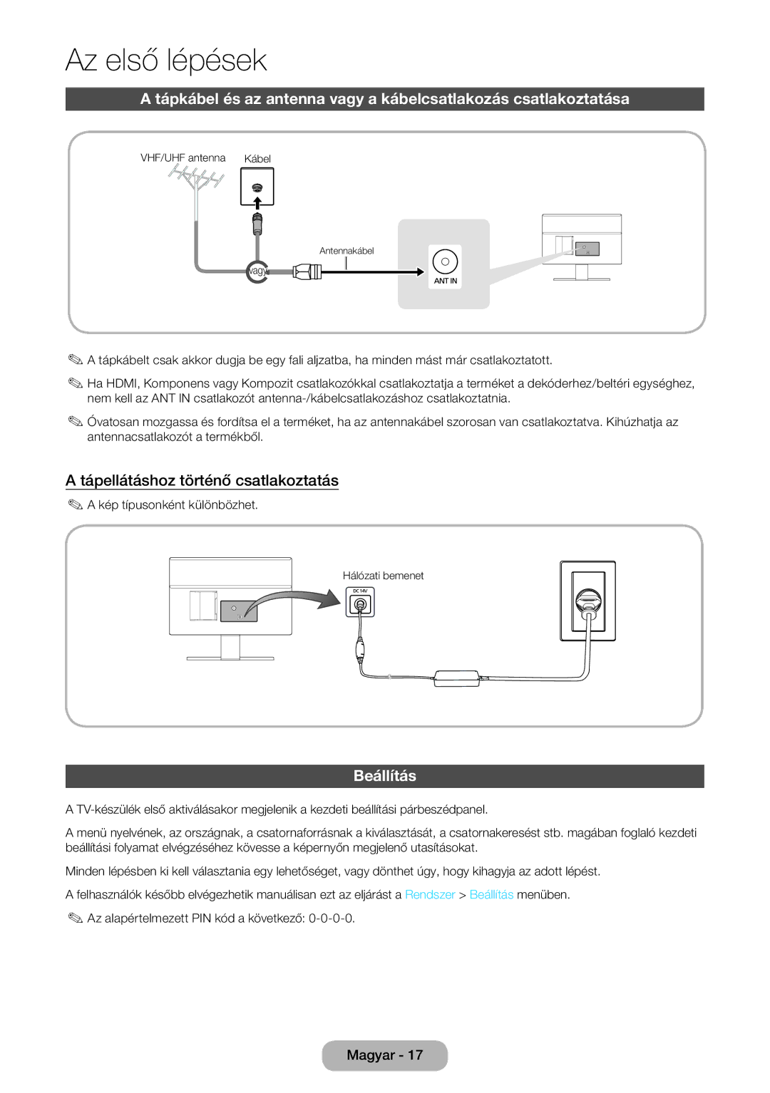 Samsung LT27D590CX/EN, LT27D590CW/EN manual Tápellátáshoz történő csatlakoztatás, Beállítás, Kép típusonként különbözhet 