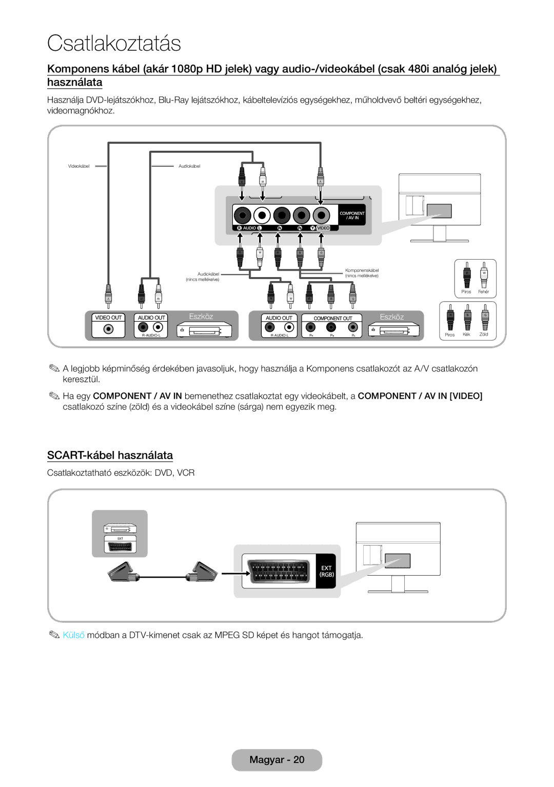 Samsung LT27D590CW/EN, LT27D590CX/EN manual SCART-kábel használata, Csatlakoztatható eszközök DVD, VCR 