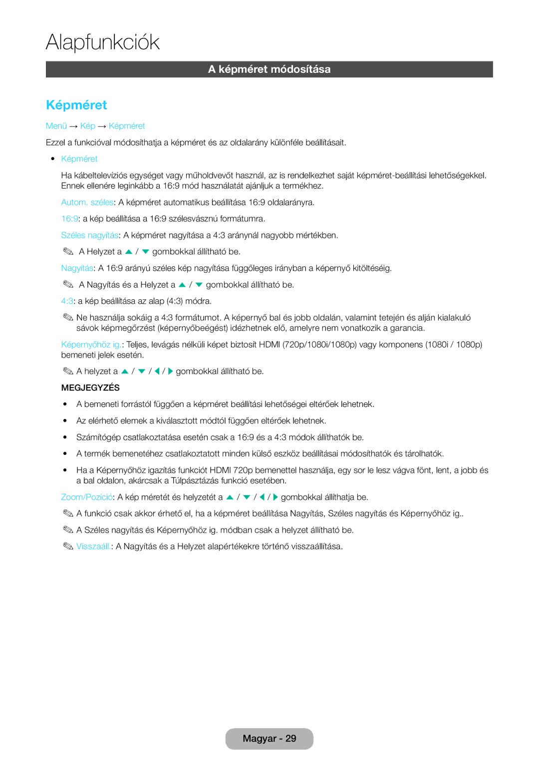 Samsung LT27D590CX/EN, LT27D590CW/EN manual Képméret módosítása, Menü → Kép → Képméret 