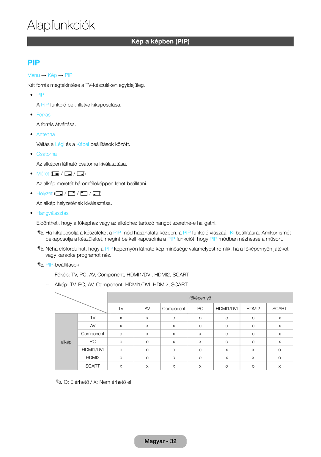 Samsung LT27D590CW/EN, LT27D590CX/EN manual Kép a képben PIP 