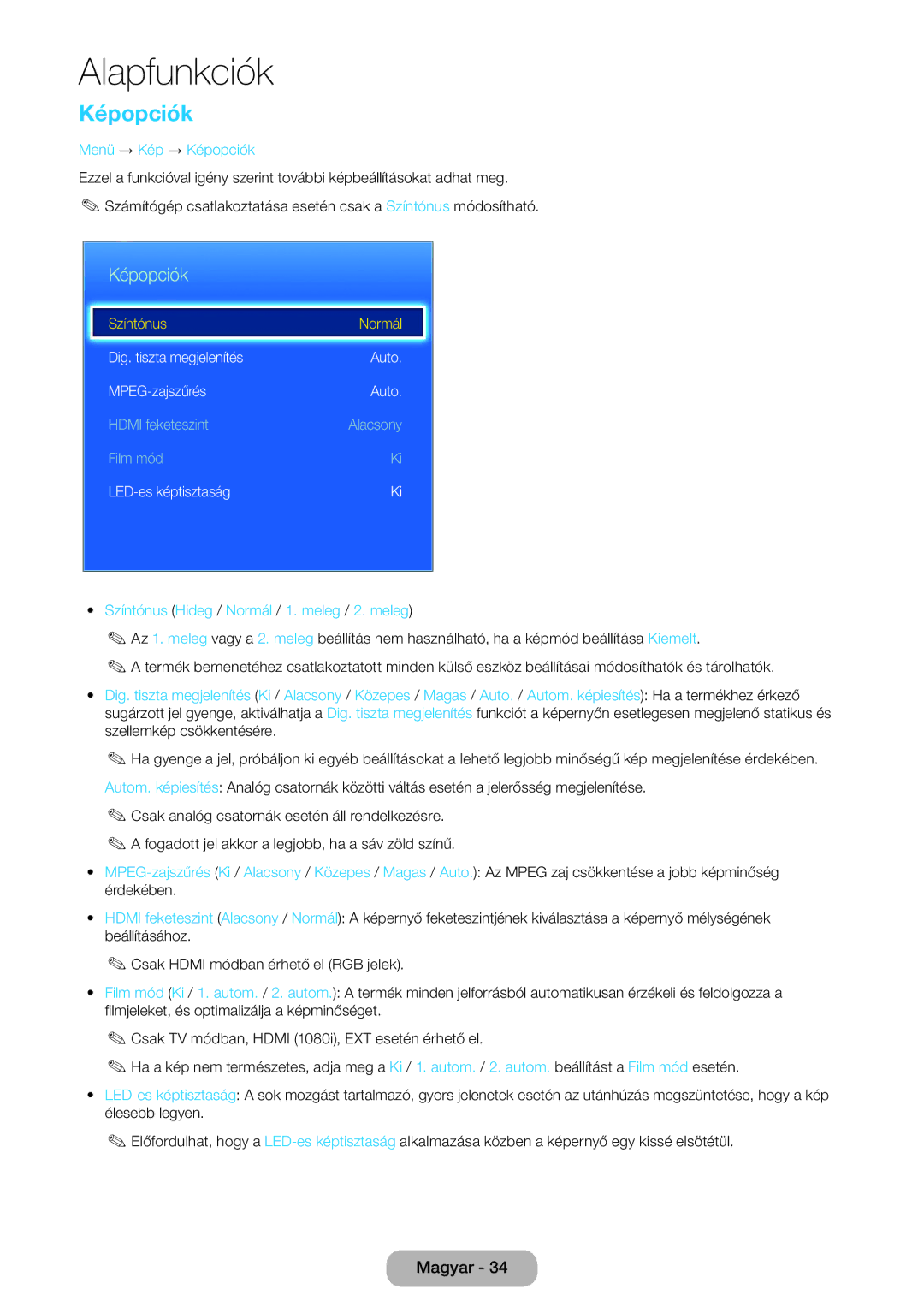 Samsung LT27D590CW/EN, LT27D590CX/EN manual Menü → Kép → Képopciók, Színtónus Hideg / Normál / 1. meleg / 2. meleg 