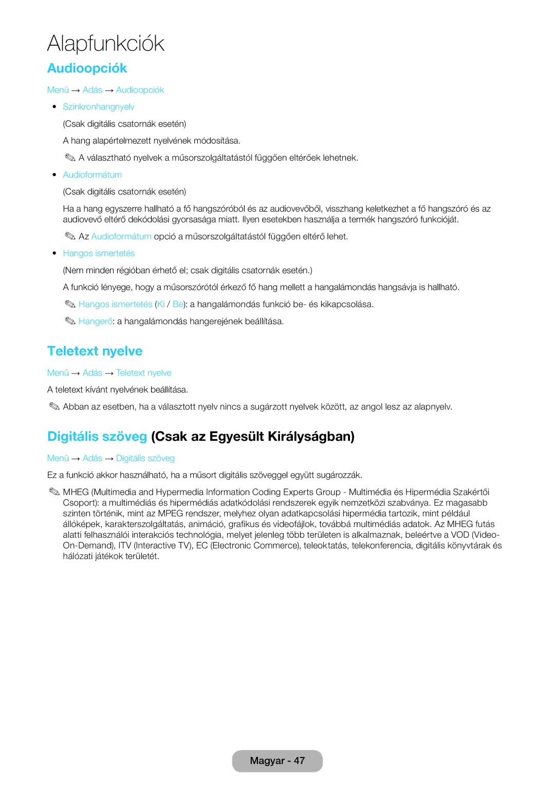 Samsung LT27D590CX/EN, LT27D590CW/EN manual Audioopciók, Teletext nyelve, Digitális szöveg Csak az Egyesült Királyságban 